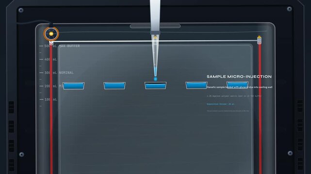 Detailed 3D animation of DNA gel electrophoresis process featuring sample micro-injection, electrokinetic potential active, porous agarose sieving, spatial band resolution and genomic profile