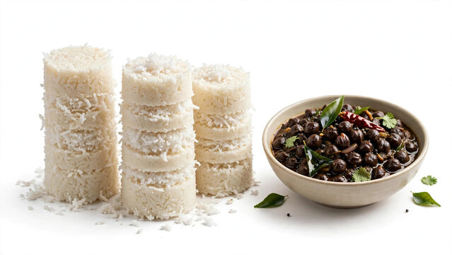 Puttu and Kadala Curry Steamed Rice Cylinders Isolated on White Background