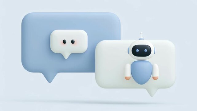Adorable 3d chatbot having a conversation with a user inside speech bubbles, representing artificial intelligence customer support, online assistance, and information services on a website