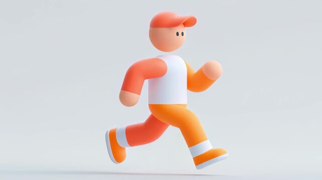 Stylized 3d character performing a running cycle animation isolated on a clean white background, representing concepts like exercise, jogging, health, and athletic activity in a loop