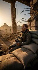 Obraz premium Woman war correspondent with camera and notepad sitting on sandbags, looking at destruction. Journalism and reportage from conflict zone.
