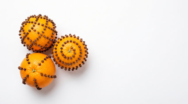 Three clove studded orange pomanders isolated on a white backdrop