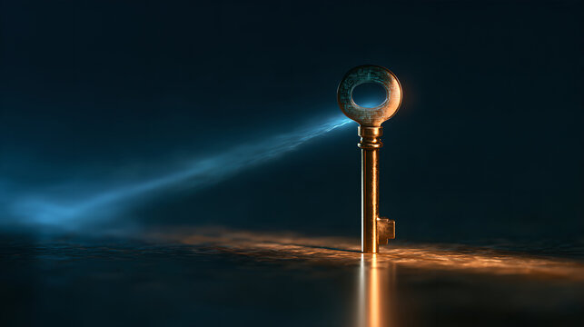 Conceptual golden key standing upright on a dark surface with glowing blue light rays