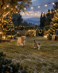 Fototapeta premium Small golden retriever puppy and cute kitten playing in a warm garden glowing with magical Christmas lights and festive outdoor holiday decorations