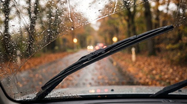 Seasonal Car Care, black wiper, autumn road through wet glass