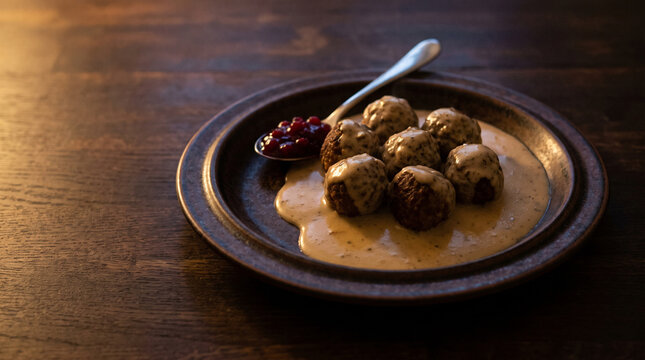 Julbord swedish meatballs with cream gravy and lingonberry jam