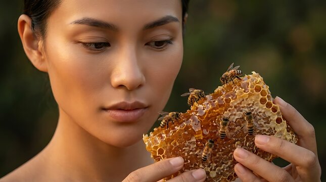 Woman holding a golden honeycomb with bees against a natural background honey bees raw honey production