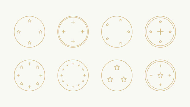 Circular designs featuring stars and plus signs are presented as a golden vector illustration design geometric symbol element graphic