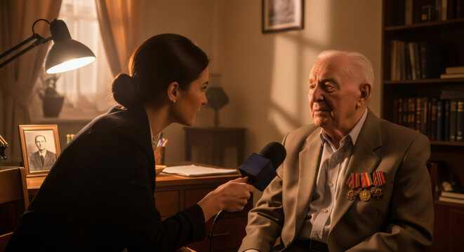 Woman journalist interviewing elderly man veteran with medals. Professional reporter conducting news report. Historical memory concept.
