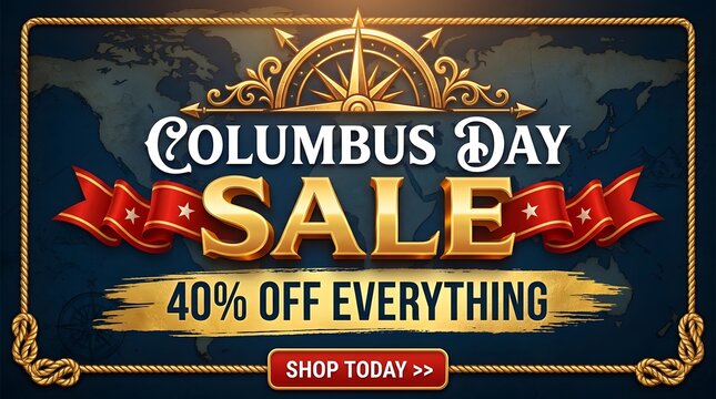 Columbus day sale banner with 40 percent off everything, featuring a nautical compass design, vintage map background, and rope border