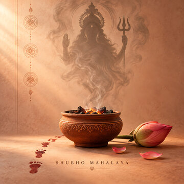 Traditional incense bowl with smoky durga silhouette lotus flower and sacred footprints for mahalaya and durga puja spiritual festive background artwork design