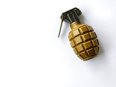 Isolated grenade with pin and safety lever removed, lying flat on white surface, danger symbol, ammunition