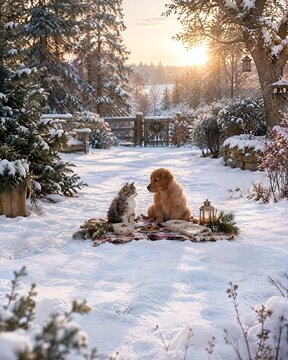 Adorable kitten and golden puppy sitting together on blanket in snowy yard during warm sunset winter light, cute festive christmas smartphone wallpaper background