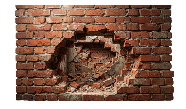 Damaged brick wall with a large hole in the center isolated on transparent background
