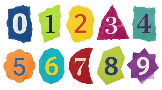 Set of colorful paper cutouts with numbers zero to nine isolated on transparent background
