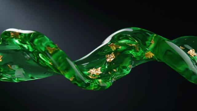 Flowing translucent green liquid ribbon with floating gold flakes changing shape in three video frames, abstract luxury background and dynamic motion concept.