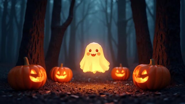 Glowing ghost floating through dark forest with orange pumpkins, bright faceted style,  spooky Halloween stock
