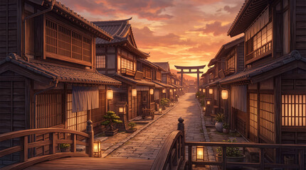 Fototapeta premium Japanese Edo-Era Old Town Street - Bridge Overlook Wide Shot - Sunset