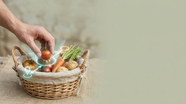 Person putting bag of vegetables into natural-fiber liner basket to visualize local hospitality sourcing practices