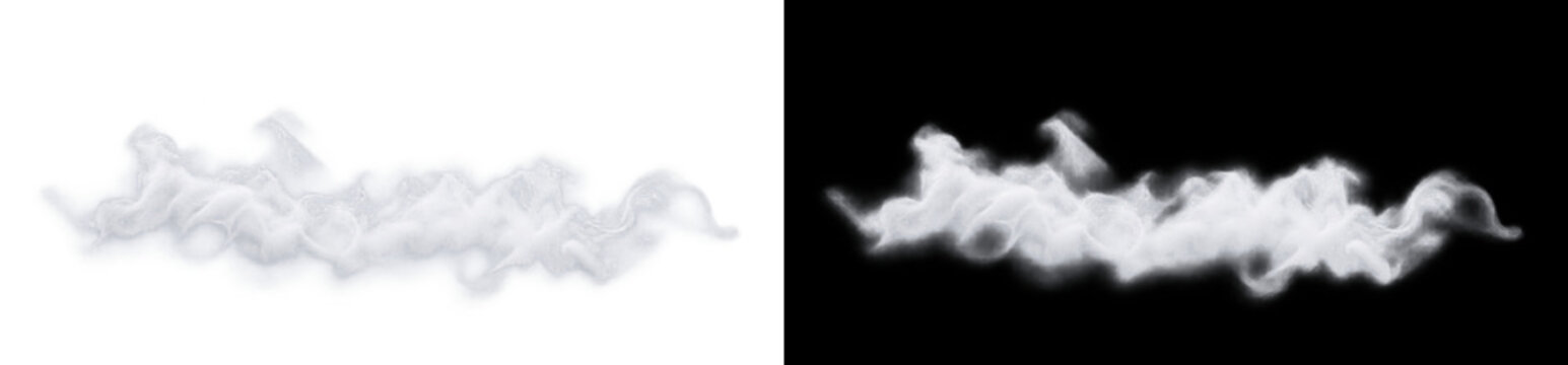 Horizontal white smoke plume border on transparent background, rolling atmospheric steam vapor mist band with soft billowy edges. Dynamic realistic fog cloud creates clean weather backdrop.