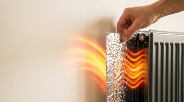 Person holding heater to enhance simple home heating efficiency with reflective radiator insulation sheet installation