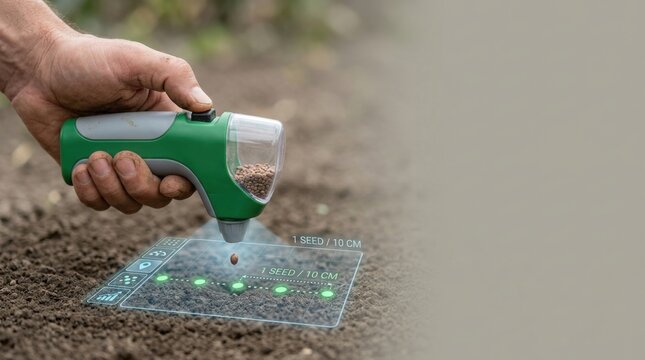 Handheld seed dispenser in use with soil tester for efficient seed use and planting in gardening activities