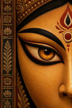 Close up goddess durga eye with ornate golden decoration symbolizing durga puja mahalaya devotion culture and traditional bengali festival artistry devotional design