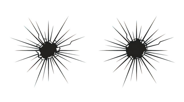 Two black bullet hole impact effects with cracks and radiating lines isolated on transparent background