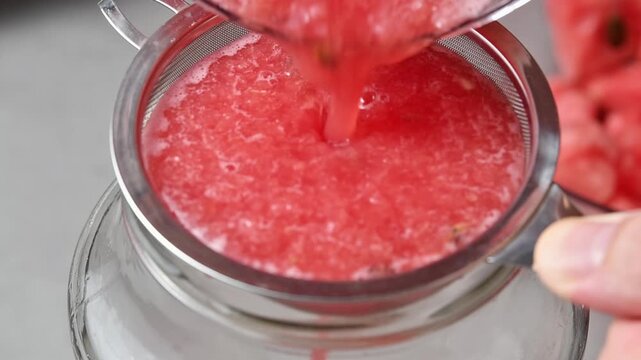 Fresh watermelon juice strains through fine sieve into jar for homemade summer drink preparation.