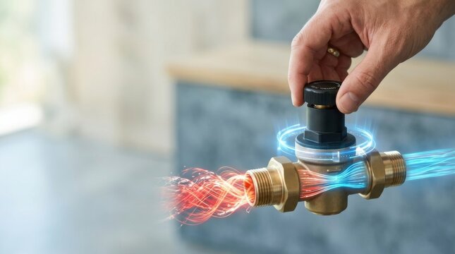 Person adjusting water pressure regulator to reduce excessive household water pressure for efficient plumbing solutions