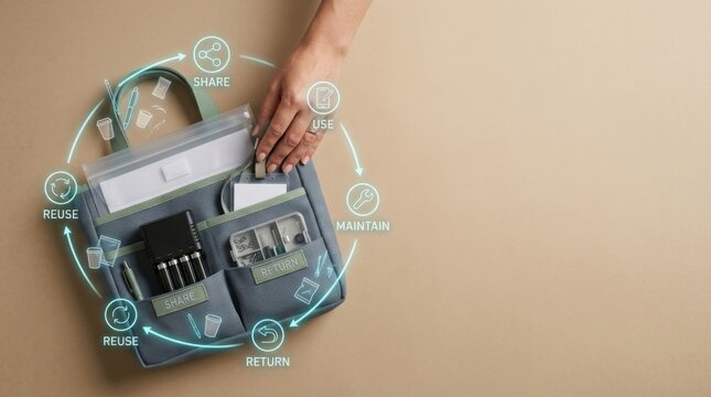 Circular workplace operations visualized through reusable office operations tote with returnable document pouch in hand
