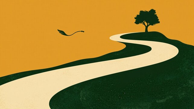 Minimal flat vector illustration of a single winged seed floating over a winding river path through ochre hills, in a clean modern style