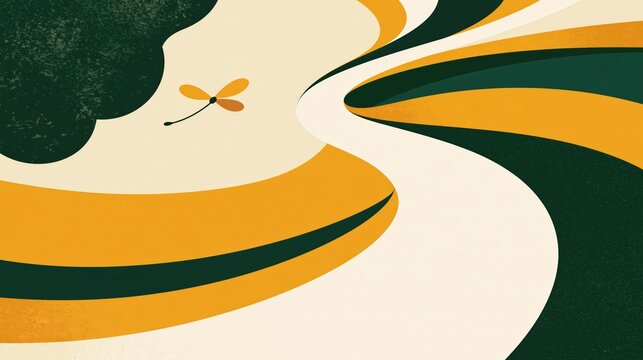 Minimal flat vector illustration of a single winged seed floating over a winding river path through ochre hills, with a bold simple composition