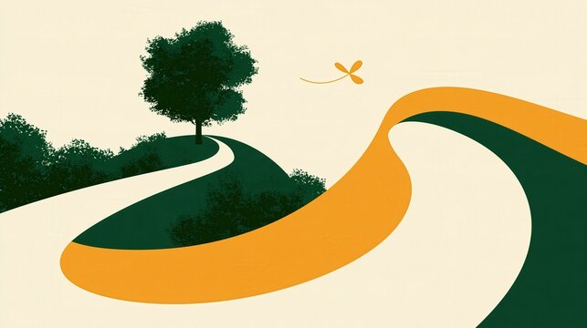 Minimal flat vector illustration of a single winged seed floating over a winding river path through ochre hills, with plenty of empty space for text
