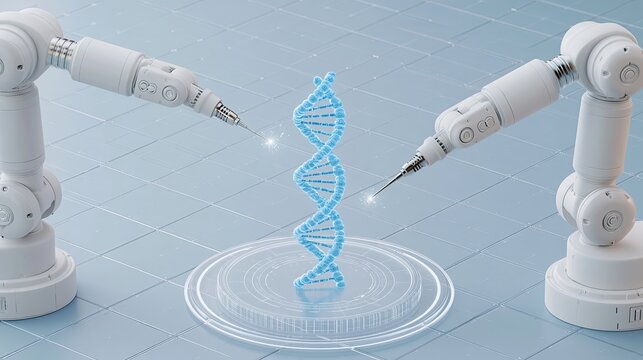 Dual robotic arms operating DNA double helix, gene editing biology laboratory, artificial intelligence biotech 3D concept