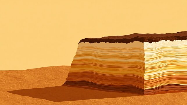 Minimal flat vector illustration of a slab cut open to reveal layered strata of earth and wood on an ochre background, with plenty of empty space for text