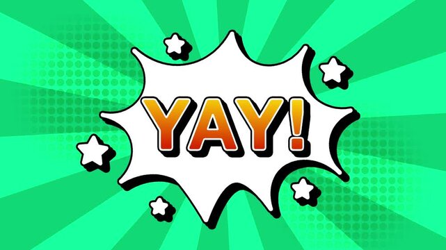 YAY text word lettering popup comic cartoon reveal with bomb and smoke explosion manga anime book page dots with radial speed lines doodle teal background with seamless loop animation retro
