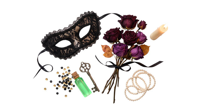 Vintage masquerade mask with dried purple roses, antique brass key and lace eye mask, mysterious gothic flat lay on white background