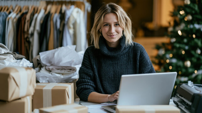 Smiling fashion entrepreneur working on a laptop with packaged clothing orders in a boutique decorated for christmas