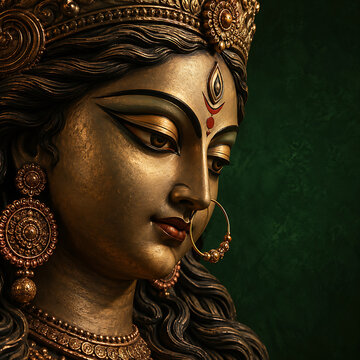 Golden goddess durga sculpture portrait with elegant jewelry and dark green background celebrating durga puja mahalaya sacred indian festival tradition celebration artwork