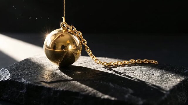 Polished Gold Pendulum Swinging Slowly Over Obsidian Surface