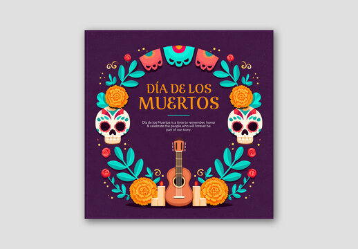 Editable Day of the Dead (Dia de los Muertos) Social Media Greeting Post with Festive Elements.