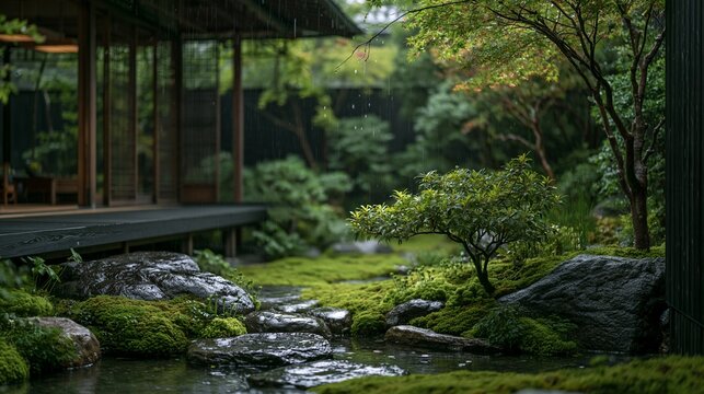 和風旅館や和モダン別荘のHPに最適なしとしとと雨が降り注ぐ美しい苔むした日本庭園 コピースペース付き