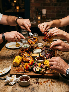 Group of friends eating grilled chicken and vegetables from a wooden platter in a restaurant