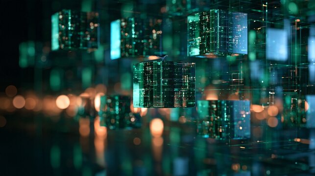 ビッグデータ・分散コンピューティング広告に最適な発光グリーンブロックのサイバーシティ背景 コピースペース付き
