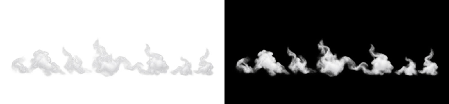 Horizontal billowing white smoke cloud on transparent background, rolling atmospheric steam vapor border with soft puffy volume. Spooky graveyard fog mist creates clean weather backdrop.