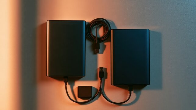 Overhead flat-lay of a backup routine with two plain external drives and a cable on a teal surface, in a calm cinematic mood