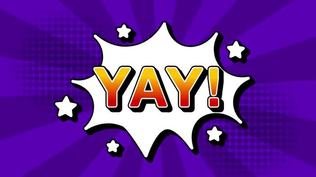 YAY text word lettering popup comic cartoon reveal with bomb and smoke explosion manga anime book page dots with radial speed lines doodle violet background with seamless loop animation retro