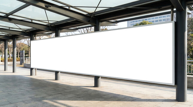 Edited visual for advertising billboard display at pedestrian walkway of MRT train station. Blank billboards of advertising space for mock up purpose; OOH ad placement