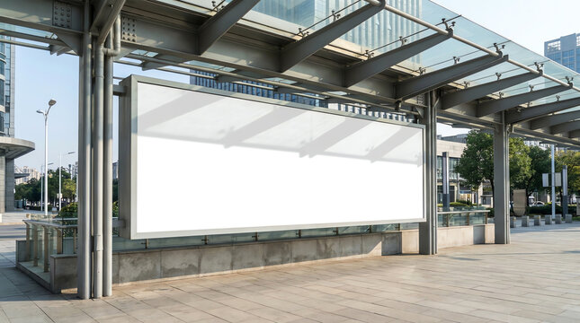 Edited visual for advertising billboard display at pedestrian walkway of MRT train station. Blank billboards of advertising space for mock up purpose; OOH ad placement